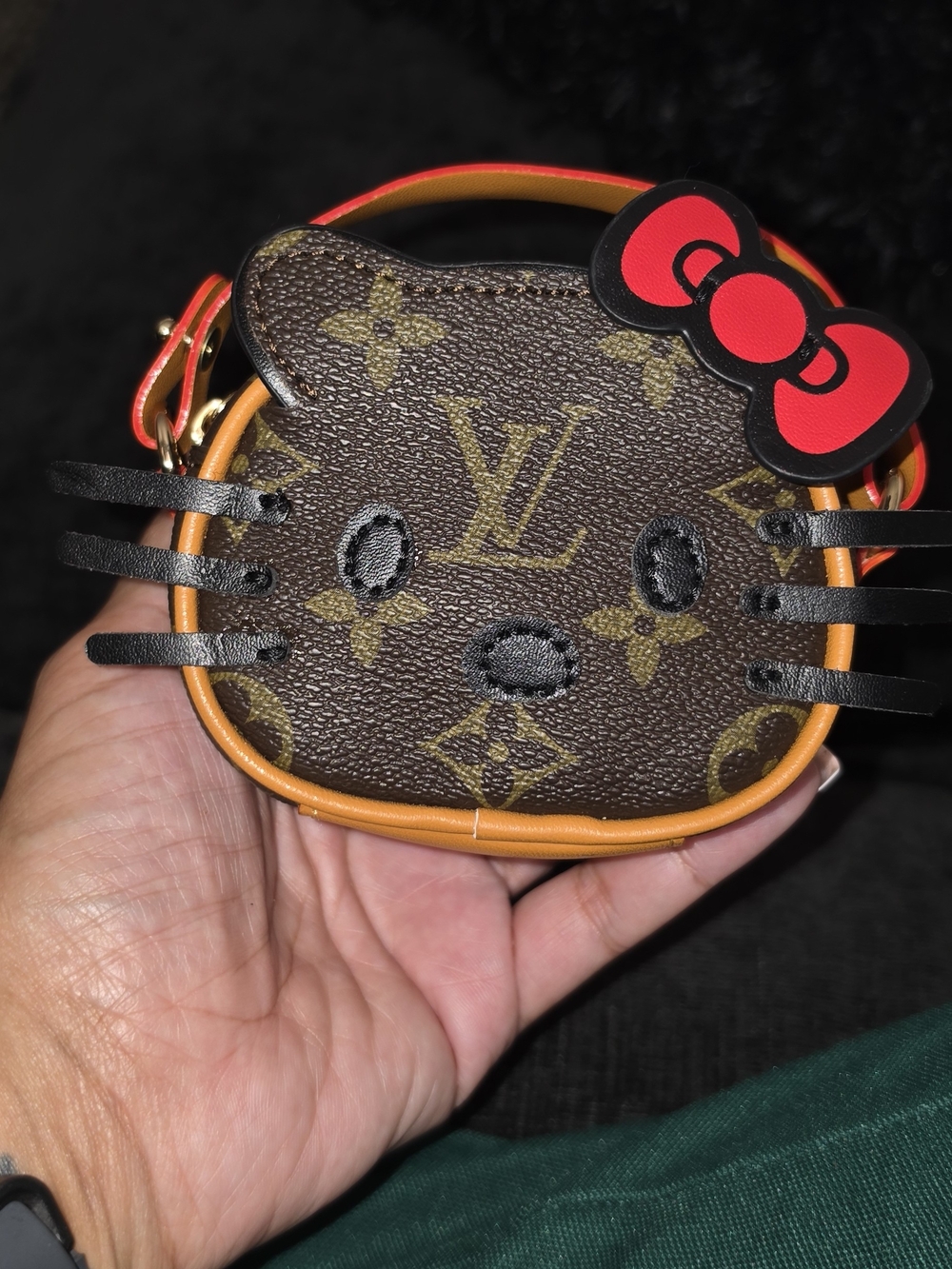 Brown Monogram Kitty Coin Purse with Red Bow Accent